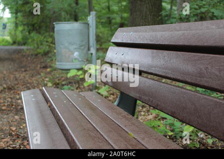 Eine Bank und Papierkorb in einem Wald Stockfoto