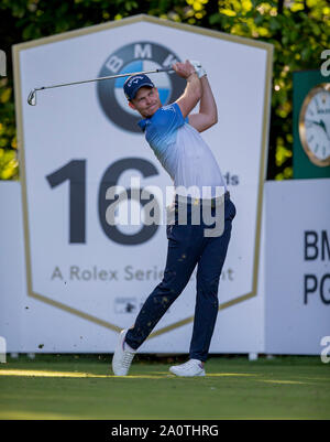 21. September 2019; Wentworth Club, Surrey, England; European Tour Golf, BMW PGA Championship Wentworth, dritte Runde; Danny Willett (GER) unter seinem T-Stück, das am 16. Loch Stockfoto