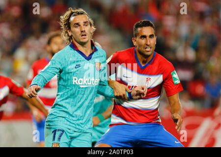 Granada, Spanien. 21 Sep, 2019. Griezmann und Montoro während des Spiels Granada CF vs FC Barcelona im Los Carmenes Stadion Samstag, 21 September 2019 Quelle: CORDON PRESSE/Alamy leben Nachrichten Stockfoto