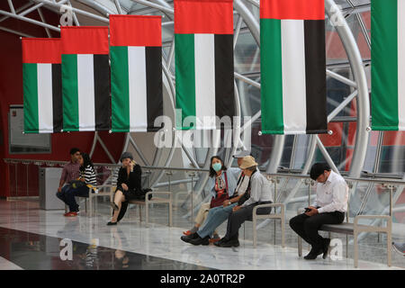 Drapeaux. Le Ferrari World. 2010. Parc à Thème. Abu Dhabi. Vereinigte Arabes Unis. /Flagge der Vereinigten Arabischen Emirate. Ferrari World. 2010. Theme Park. Stockfoto