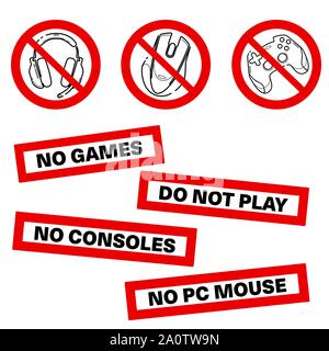 Keine Spiele. Keine Konsolen. Kein gamepad set Symbol. Joystick nicht unterzeichnen. Verboten gamepad Symbol. Verbotene Spiele Icon Set, line Sign Design. Nicht Spiele spielen. Aufkleber. Line Konzept Kunst mit izolated zurück Stock Vektor