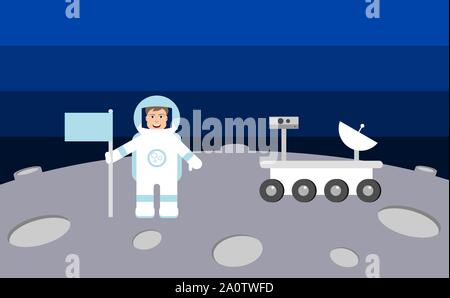 Männliche Astronaut auf dem Mond oder einem anderen Planeten oder Asteroiden. Lächelnd Mann im Anzug stand neben Rover. Leistung, blühende, Erfolg. Vektor, flach Stock Vektor