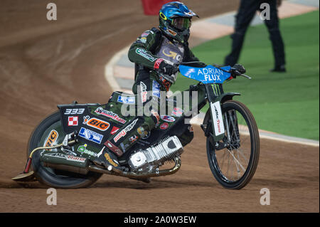 CARDIFF, WALES Janus Kolodziej von Polen in Aktion während der ADRIAN FLUX BRITISCHEN FIM SPEEDWAY GRAND PRIX auf dem Fürstentum Stadium, Cardiff am Samstag, den 21. September 2019. (Credit: Ian Charles | MI Nachrichten) Credit: MI Nachrichten & Sport/Alamy leben Nachrichten Stockfoto