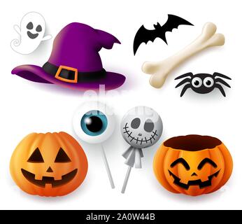 Halloween Objekte Vektor einrichten. Halloween Trick or treat Elemente und Objekt der Hut, Kürbis, Spinne, Knochen, bat, ghost, und Augapfel lollipop isoliert. Stock Vektor