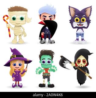 Charakter halloween Vektor einrichten. Cute kids Zeichen tragen Halloween Kostüm wie Mama, Vampir, Wolf, Hexe, Zombie und Grim Reaper isoliert. Stock Vektor