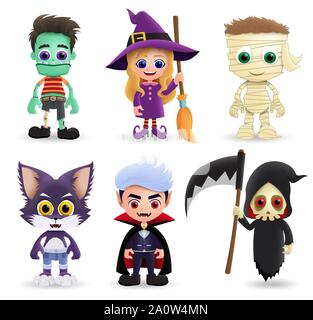 Halloween Zeichen Vektor einrichten. Halloween Figur zombie Kreatur, Hexe, Mami, Wolf, Vampir und Grim Reaper in 3d-realistischen Design isoliert. Stock Vektor