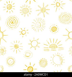 Nahtlose Muster der Sonne Symbole Hand im Comic-stil gezeichnet. Vector Illustration von isolierten Sonne Symbole auf einem weißen Hintergrund. Stock Vektor