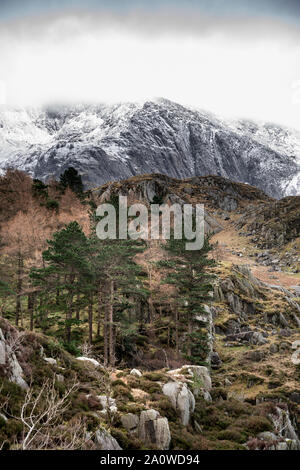 Atemberaubende dramatische Landschaft Bilder der Ogwen Valley in Snowdonia im Winter mit schneebedeckten Glyers Bergkette im Hintergrund Stockfoto