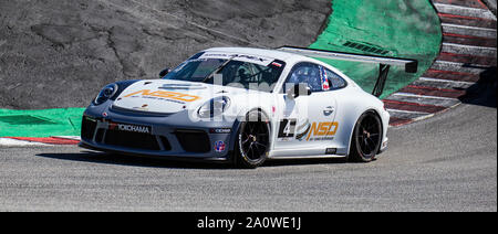 21. September 2019 Monterey, CA, USA Michael Mennella (4) Kommt der Korkenzieher während der Firestone Grand Prix von Monterey Porsche GT3 Race #1 bei Weathertech Raceway Laguna Seca in Monterey, CA Thurman James/CSM Stockfoto