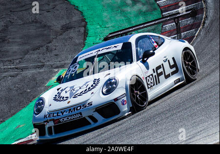 21. September 2019 Monterey, CA, USA Alan Metni (99) Kommt der Korkenzieher während der Firestone Grand Prix von Monterey Porsche GT3 Race #1 bei Weathertech Raceway Laguna Seca in Monterey, CA Thurman James/CSM Stockfoto