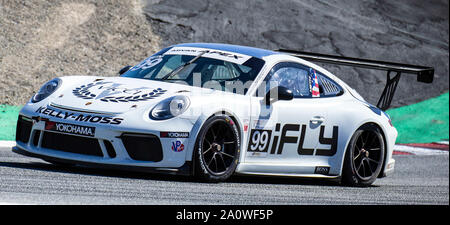 21. September 2019 Monterey, CA, USA Alan Metni (99) Aus dem Korkenzieher kommen während der Firestone Grand Prix von Monterey Porsche GT3 Race #1 bei Weathertech Raceway Laguna Seca in Monterey, CA Thurman James/CSM Stockfoto