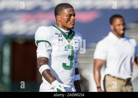 Houston, TX, USA. 21 Sep, 2019. Baylor Bears Sicherheit Chris Miller (3) Vor einer NCAA Football Spiel zwischen der Baylor Bears und den Reis Eulen am Rice Stadium in Houston, TX. Baylor gewann das Spiel von 21 auf 13. Trask Smith/CSM/Alamy leben Nachrichten Stockfoto