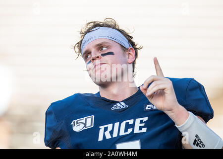 Houston, TX, USA. 21 Sep, 2019. Reis Eulen quarterback Wiley Green (5) Vor einer NCAA Football Spiel zwischen der Baylor Bears und den Reis Eulen am Rice Stadium in Houston, TX. Baylor gewann das Spiel von 21 auf 13. Trask Smith/CSM/Alamy leben Nachrichten Stockfoto