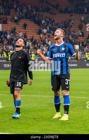 Matteo Politano (Inter)Mailand Skriniar (Inter) während Erie der Italienischen eine "Übereinstimmung zwischen Mailand 0-2 Inter zu Giuseppe Meazza Stadion am 21. September 2019 in Mailand, Italien. Credit: Maurizio Borsari/LBA/Alamy leben Nachrichten Stockfoto