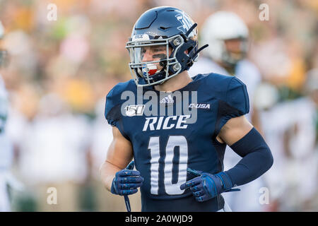 Houston, TX, USA. 21 Sep, 2019. Reis Eulen wide receiver Austin Trammell (10) Während des 1. Quartals ein NCAA Football Spiel zwischen der Baylor Bears und den Reis Eulen am Rice Stadium in Houston, TX. Baylor gewann das Spiel von 21 auf 13. Trask Smith/CSM/Alamy leben Nachrichten Stockfoto