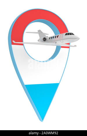 Eigenes Flugzeug mit Pin navigation Flagge Luxemburg. 3D-Rendering Stockfoto
