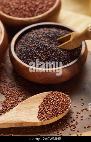 Nahaufnahme Blick auf Schwarze und Rote Quinoa in Houten mit Spachtel in der Nähe von Löffel Stockfoto