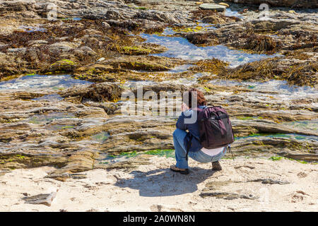 FALMOUTH, Cornwall, England - 18. September 2019: Person fotografieren Rock Pools auf Castle Beach Falmouth Cornwall ein beliebtes Touristenziel. Stockfoto