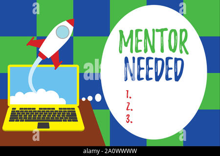 Wort schreiben Text Mentor benötigt. Business Foto zur Schau stellen wollte Hilfe für mehr erfahren oder mehr Kenntnisse demonstrieren erfolgreich Rakete laun Stockfoto