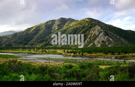 Schöne Landschaft mit Bergen und dem Clarence River in der Abendsonne auf der Molesworth station in Neuseeland, Südinsel. Stockfoto