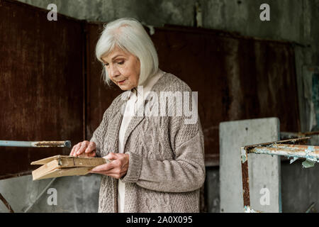 Ältere Frau mit grauen Haaren holding Buch in Händen Stockfoto