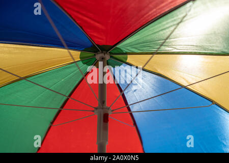 Bunten Regenschirm öffnen, um die Sonne. Ansicht von unten auf der Innenseite Sommerferien Konzept Stockfoto