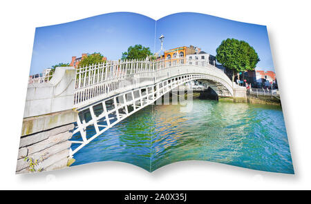 Die berühmteste Brücke in Dublin namens "Half Penny Bridge' durch die Maut für die Passage - 3D-Render eröffnet Foto Buch auf weißen Ba isoliert berechnet Stockfoto