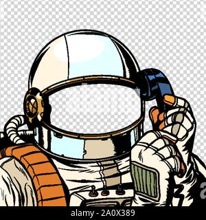 Der Astronaut ist, am Telefon zu sprechen. leerer Raumanzug Vorlage. Pop Art retro Vektor illustration Zeichnung Stock Vektor