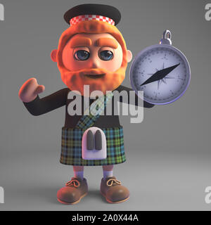 3d cartoon Schotte im Kilt Holding einen magnetischen Kompass, 3d-Grafik rendern Stockfoto