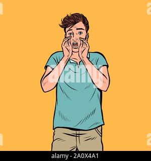 Ein junger Mann fordert Shouts. Pop Art retro Vektor illustration Zeichnung vintage Kitsch Stock Vektor