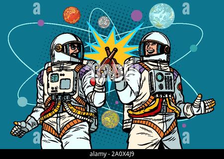 Eine Flasche Bier, Prost. zwei Freunde der Astronaut die wissenschaftlichen Leistungen im Raum feiern. cosmonautics Day. Pop Art retro Vektor illustration Stock Vektor
