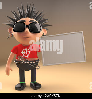 Cartoon 3d-Punk Rocker Teenager Charakter Holding ein leeres Banner 3d-Grafik rendern Stockfoto