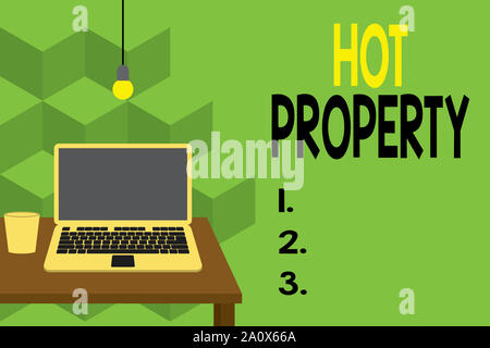 Text Zeichen zeigen Hot Property. Business Foto Text etwas, was nach oder ist stark Deanalysisded Vorderansicht offen Laptop liegen auf Holz- beantragt wird, Stockfoto