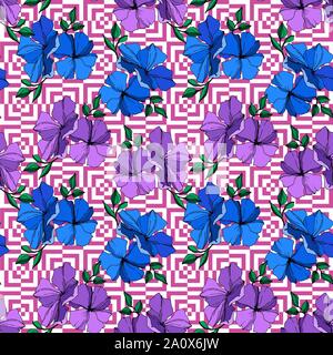 Vektor Flachs floral botanischen Blumen. Wild Federblatt wildflower isoliert. Blau und Violett graviert Tinte Art nahtlose Muster. Stoff an der Wand Stock Vektor