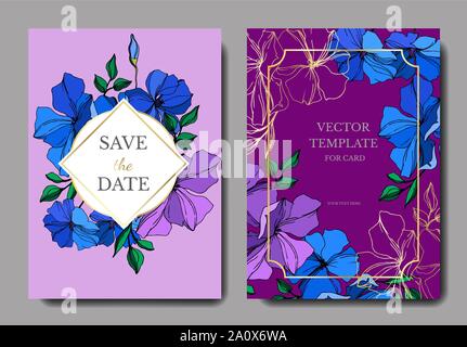 Vektor Flachs floral botanischen Blumen. Violett und Blau Gravur Tinte Art Hochzeit hintergrund Karte Blumen dekorativ Grenze. Danke, Rsvp, Einladung Stock Vektor