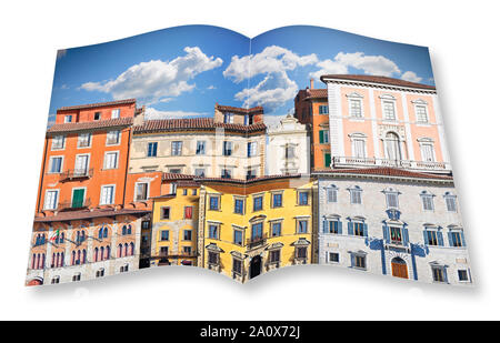 Abstrakte Komposition von typischen alten italienischen Gebäuden (Italien - Pisa) - 3D-Render eines geöffneten Foto Buch auf weißem Hintergrund Stockfoto