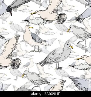 Himmel Vogel Möwe in einem Wildlife. Wilde Freiheit, Vogel mit einem fliegenden Flügel. Schwarz und weiß eingraviert Tinte Art nahtlose Muster. Fabric wallpape Stock Vektor