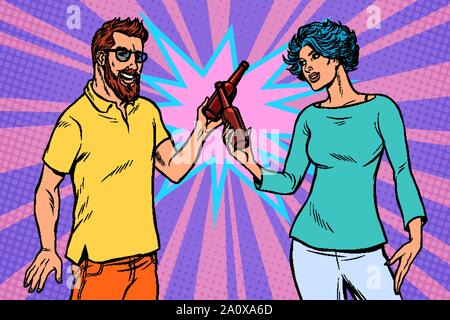Ein paar Liebhaber Beifall eine Flasche Bier. Mann und Frau Familie Datum. Pop Art retro Vektor illustration Zeichnung vintage Kitsch Stock Vektor
