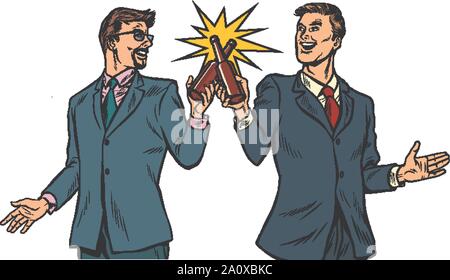 Zwei Unternehmer cheers Flaschen Bier für den Erfolg. Männliche Freundschaft. Pop Art retro Vektor illustration Zeichnung vintage Kitsch Stock Vektor