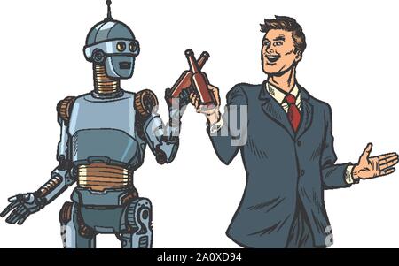 Geschäftsmann und Roboter prost Bier Flaschen. Technologische Entwicklung Konzept. it-Industrie. Pop Art retro Vektor illustration Zeichnung vintage Kitsch Stock Vektor