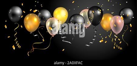 Urlaub Farbe weiss, gold und schwarze Luftballons. Urlaub auf dunklem Hintergrund Ballons und Konfetti. Geburtstag, Feier oder Party luxus Banner. Stock Vektor