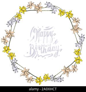 Vektor Narzissen Blumen botanischen Blumen. Wild Federblatt wildflower isoliert. Schwarze und weiße Tinte Art Rand eingravierte ornament Quadrat auf whi Stock Vektor