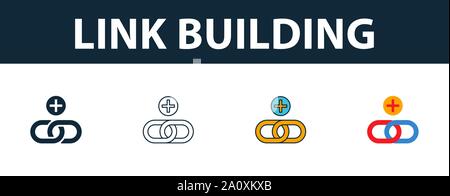 Link Building Icon Set. Vier einfache Symbole in verschiedenen Stilrichtungen von Web-entwicklung Symbole Sammlung. Kreative Verbindung Gebäude gefüllt Symbole, Umriss Stock Vektor
