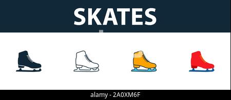 Skates Icon Set. Vier einfache Symbole in verschiedenen Stilrichtungen von Sportausrüstung icons Collection. Kreative skates Icons, Outline, farbige und flach Stock Vektor