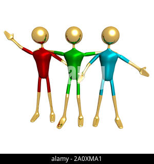 Goldene Jungs umarmt und posieren - Rot Grün Blau (3D-Abbildung) Stockfoto