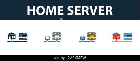 Home Server Icon Set. Vier einfache Symbole in verschiedenen Stilrichtungen von Icons Collection. Kreative Home Server Icons, Outline, farbige und flach Stock Vektor