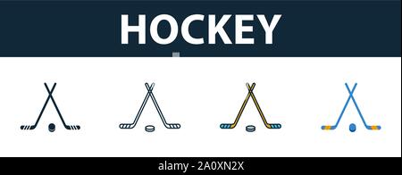 Hockey Icon Set. Vier einfache Symbole in verschiedenen Stilrichtungen von Sportausrüstung icons Collection. Kreative hockey Icons, Outline, farbige und flach Stock Vektor