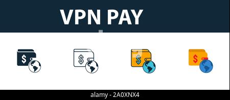 Vpn-Symbol. Vier einfache Symbole in verschiedenen Stilrichtungen von Icons Collection. Kreative vpn Zahlen, Icons, Outline, Farben und Symbole Stock Vektor