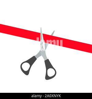 Schere schneiden Red Ribbon. Eröffnung Konzept. Vector Illustration Stock Vektor