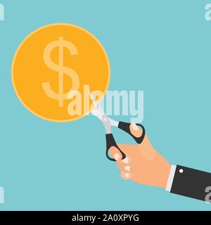 Hand Scheren schneiden Geld. Verkauf Konzept. Vector Illustration Stock Vektor